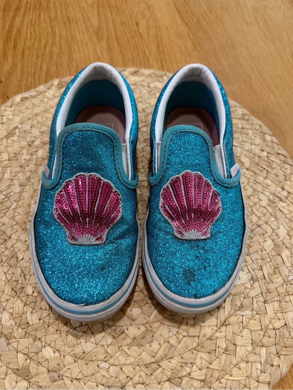 Vans Girls' Teal Glitter Slip-On Sneakers with Pink Shell Patch